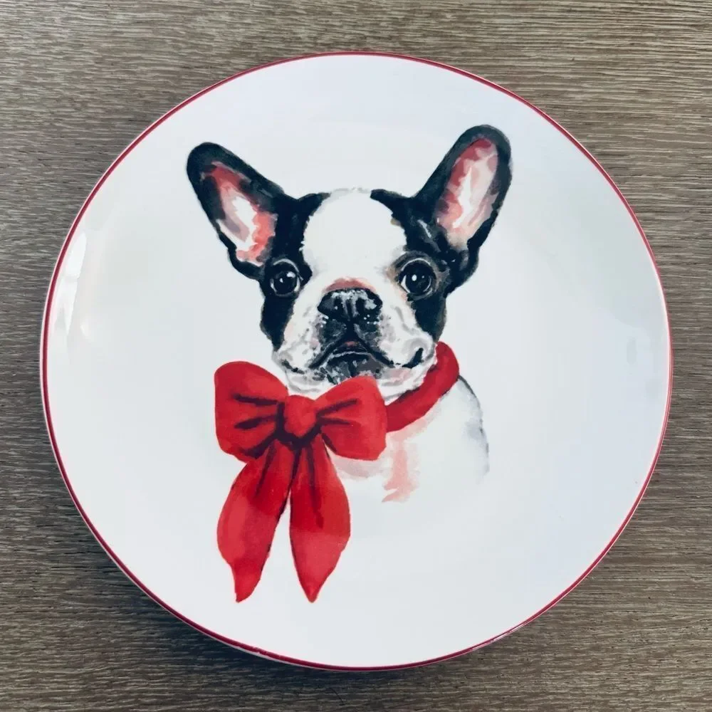 Pier 1 Imports Christmas Puppies Boston Terrier Frenchie Dog Holiday Plate